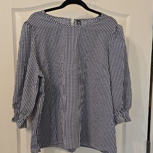 SHEIN Navy & White Gingham Check 3/4 Sleeve Top